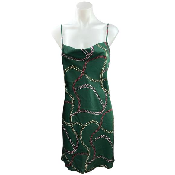 Primark Green Silk Satin Chain Bandana Cowl Scarf Camisole Tank Mini Dress Sz 6 - Picture 1 of 5